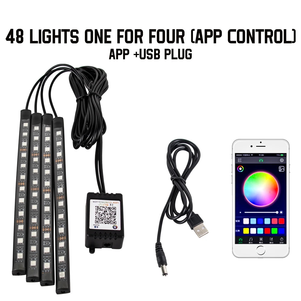 Neon 48/72 LED Car Interior Ambient Foot Light with USB Wireless Remote & Music App Control - Auto RGB Atmosphere Decorative Lamps