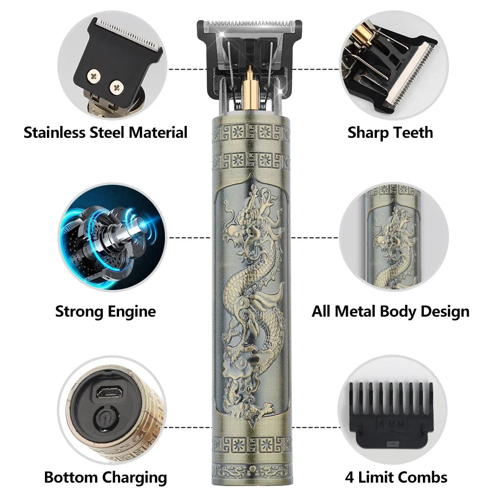 Vintage T9 Hair Clipper – Electric Rechargeable Hair Cutting Machine, Professional Men’s Shaver & Barber Trimmer (Dragon/Buddha Design)