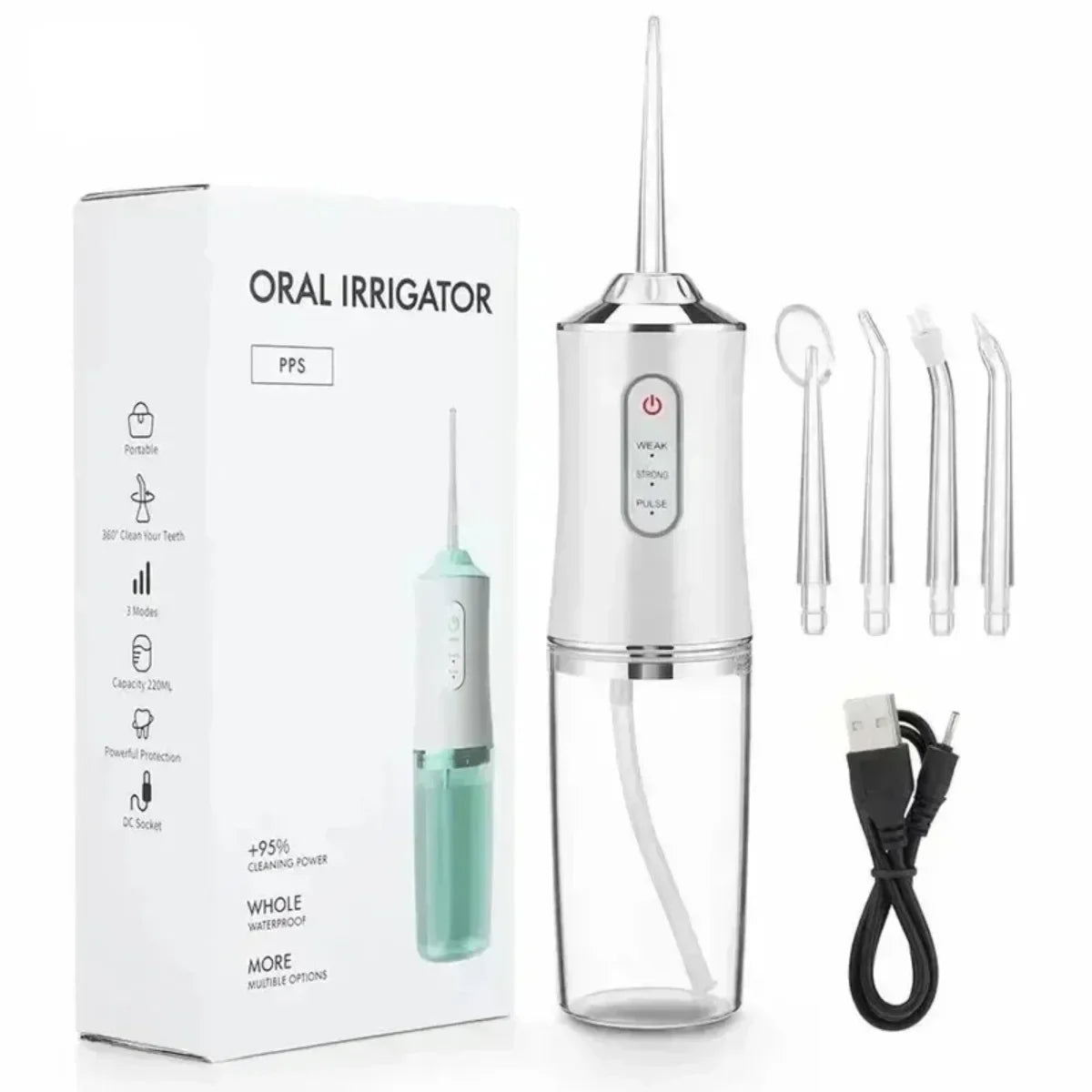 Portable Dental Water Flosser with USB Rechargeable, 220ml Water Tank, 4 Jet Tips, 3 Modes