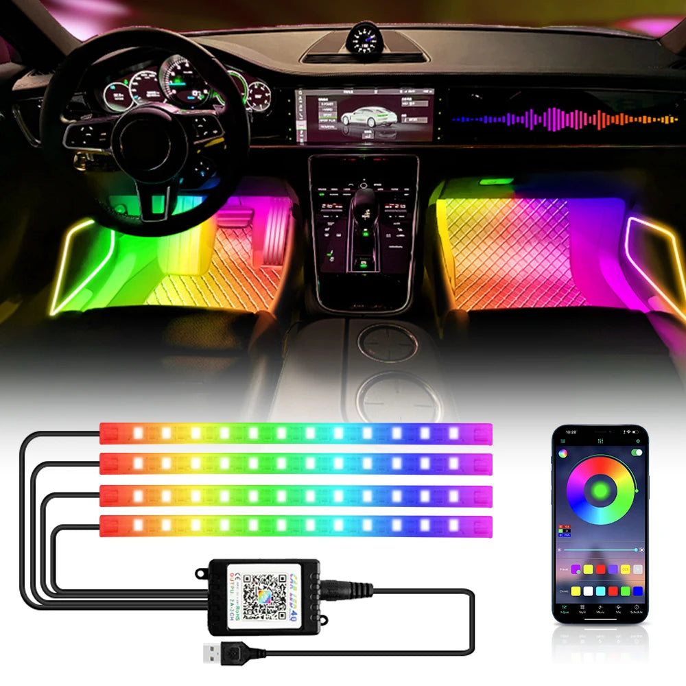 Neon 48/72 LED Car Interior Ambient Foot Light with USB Wireless Remote & Music App Control - Auto RGB Atmosphere Decorative Lamps