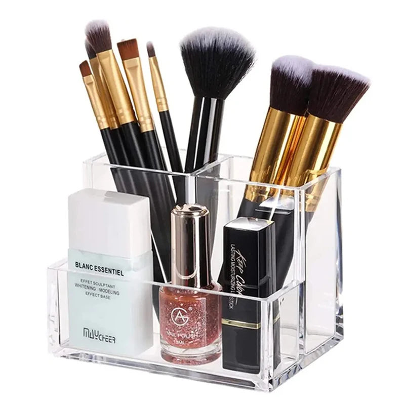 Transparent Acrylic Makeup Organizer Box - 3-5 Grid Brush Holder & Storage for Desk