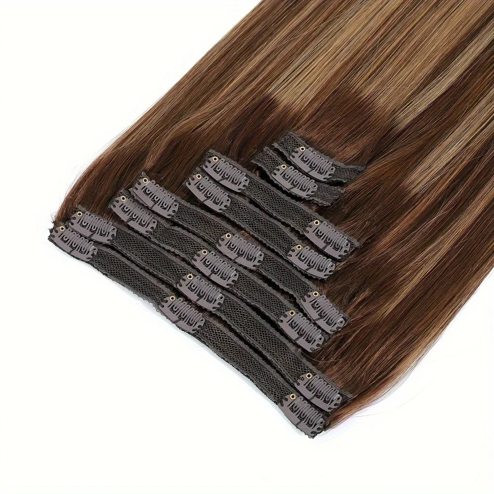 Straight Clip-In Hair Extensions - 100% Real Remy Human Hair, Brown & Blonde Highlights