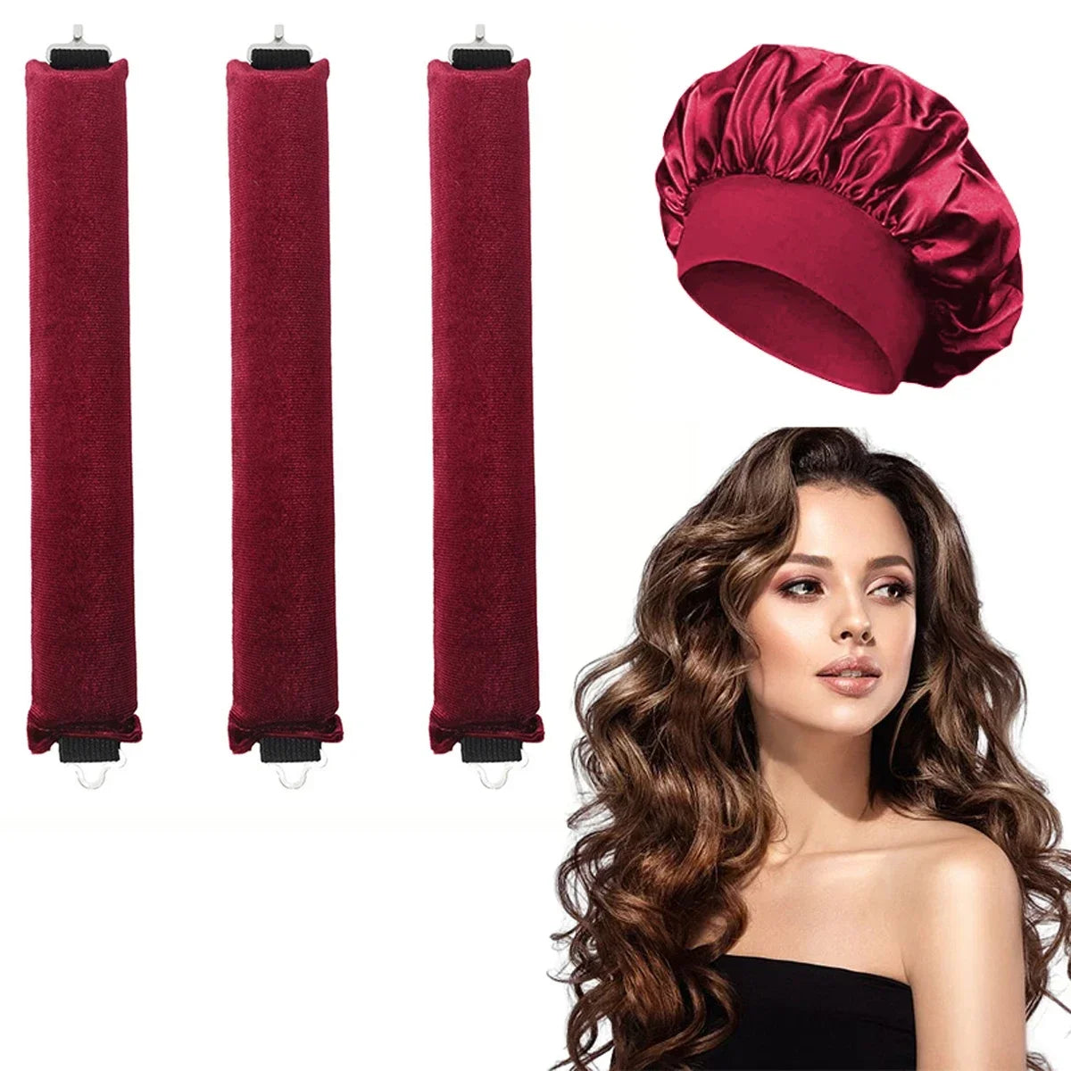 Heatless Hair Curler Set - Satin Sleeping Cap & Curling Rods for No Heat Curls