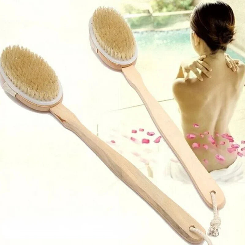 Soft Bath Back Massage Brush – Long Wooden Handle Bristle Brush for Wet & Dry Skin, Natural Body Exfoliating Scrubber & Spa Shower Tool