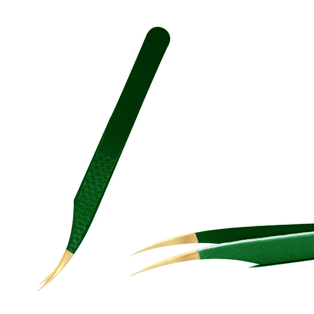 Green Stainless Steel Eyelash Tweezers – Anti-Static, Non-Magnetic Professional Tweezer for 3D Lash Extensions