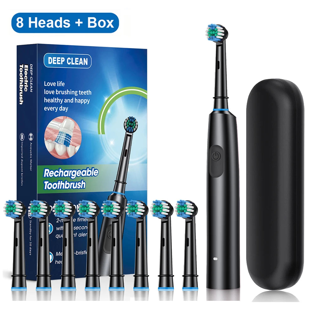Rotary Electric Toothbrush with 8 Soft Brush Heads, Rechargeable, 5 Modes, Smart Timer for Adults