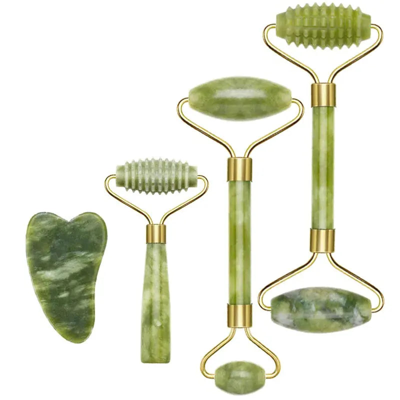 2PC Natural Jade Stone Gua Sha Face Lift Roller & Gouache Scraper Set – Anti-Wrinkle, Facial & Body Massager for Lymphatic Drainage & Skin Toning
