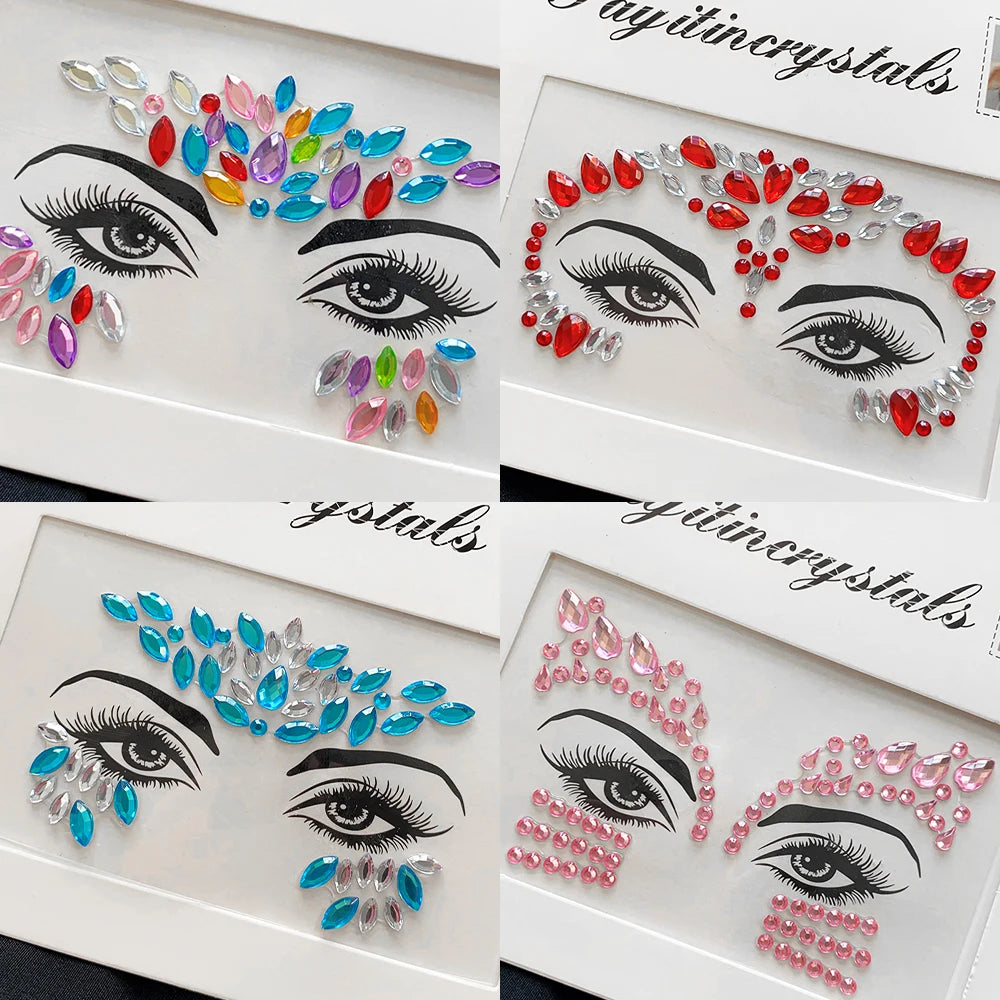 3D Rhinestone Face Tattoo Stickers Colored Glitter Crystal/1Pcs