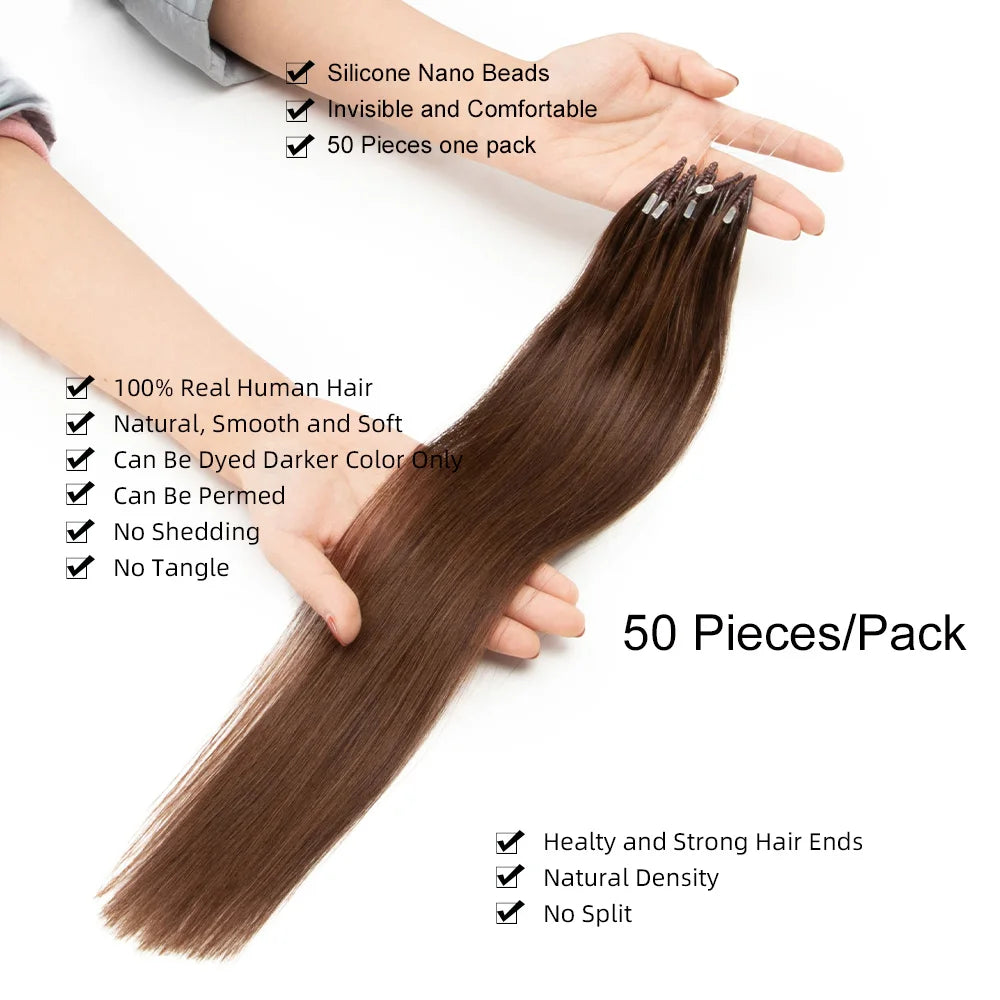 8D Micro Bead Hair Extensions – Human Hair Nano Ring with Invisible Mini Silicone Beads, Available in Black, Brown & Blonde Microlink Styles