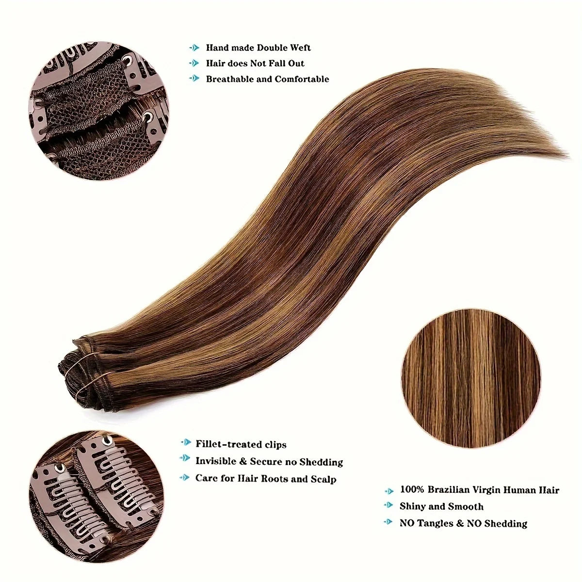 Straight Clip-In Hair Extensions - 100% Real Remy Human Hair, Brown & Blonde Highlights