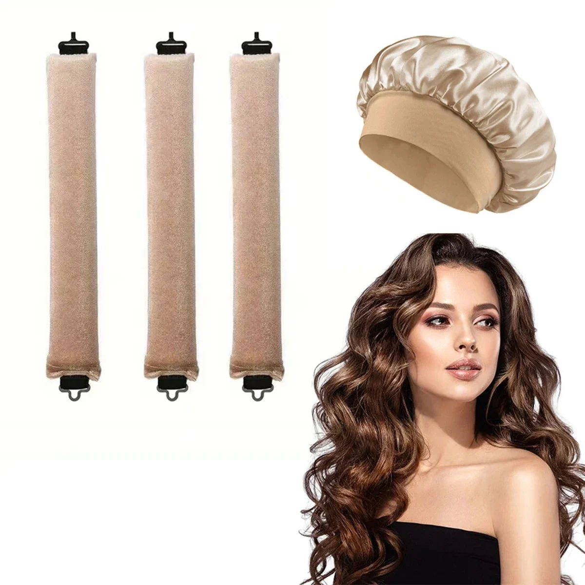 Heatless Hair Curler Set - Satin Sleeping Cap & Curling Rods for No Heat Curls
