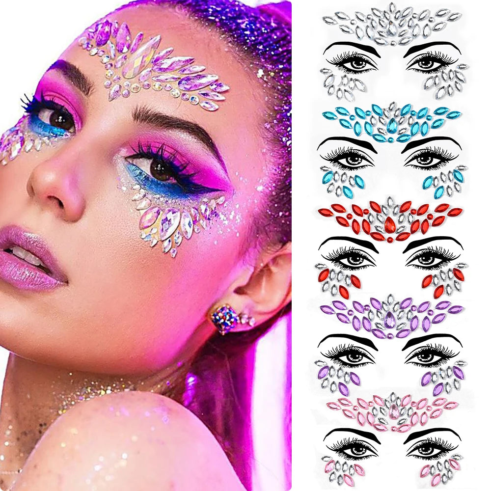 3D Rhinestone Face Tattoo Stickers Colored Glitter Crystal/1Pcs