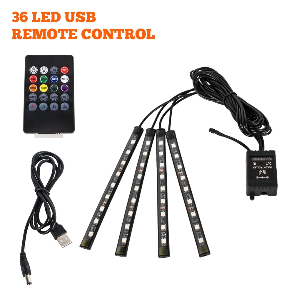Neon 48/72 LED Car Interior Ambient Foot Light with USB Wireless Remote & Music App Control - Auto RGB Atmosphere Decorative Lamps