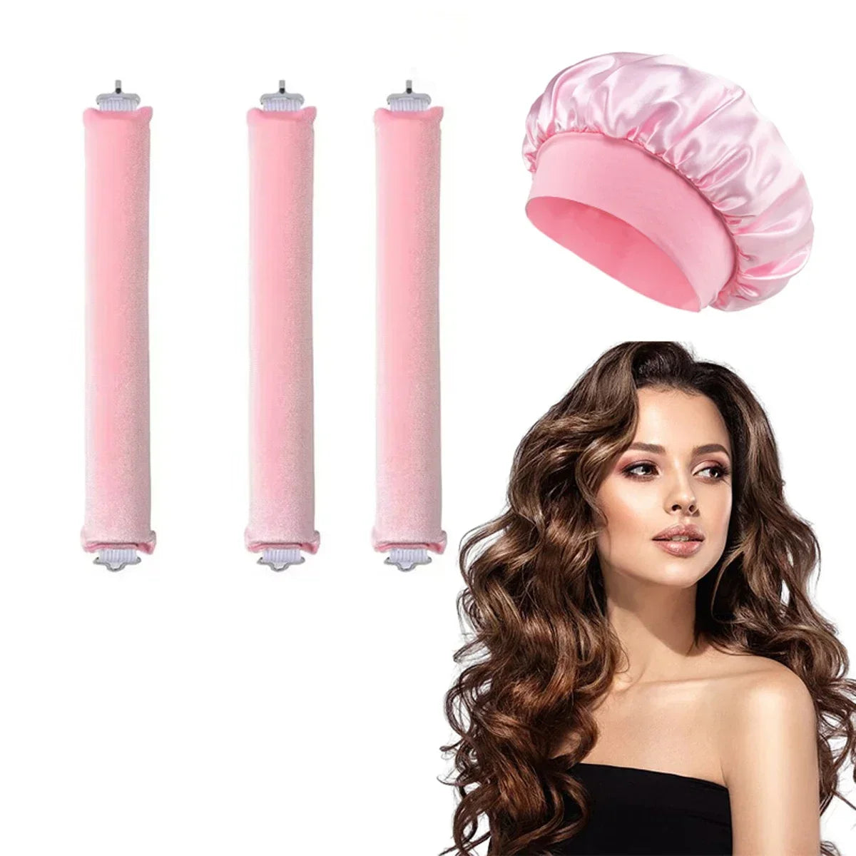 Heatless Hair Curler Set - Satin Sleeping Cap & Curling Rods for No Heat Curls