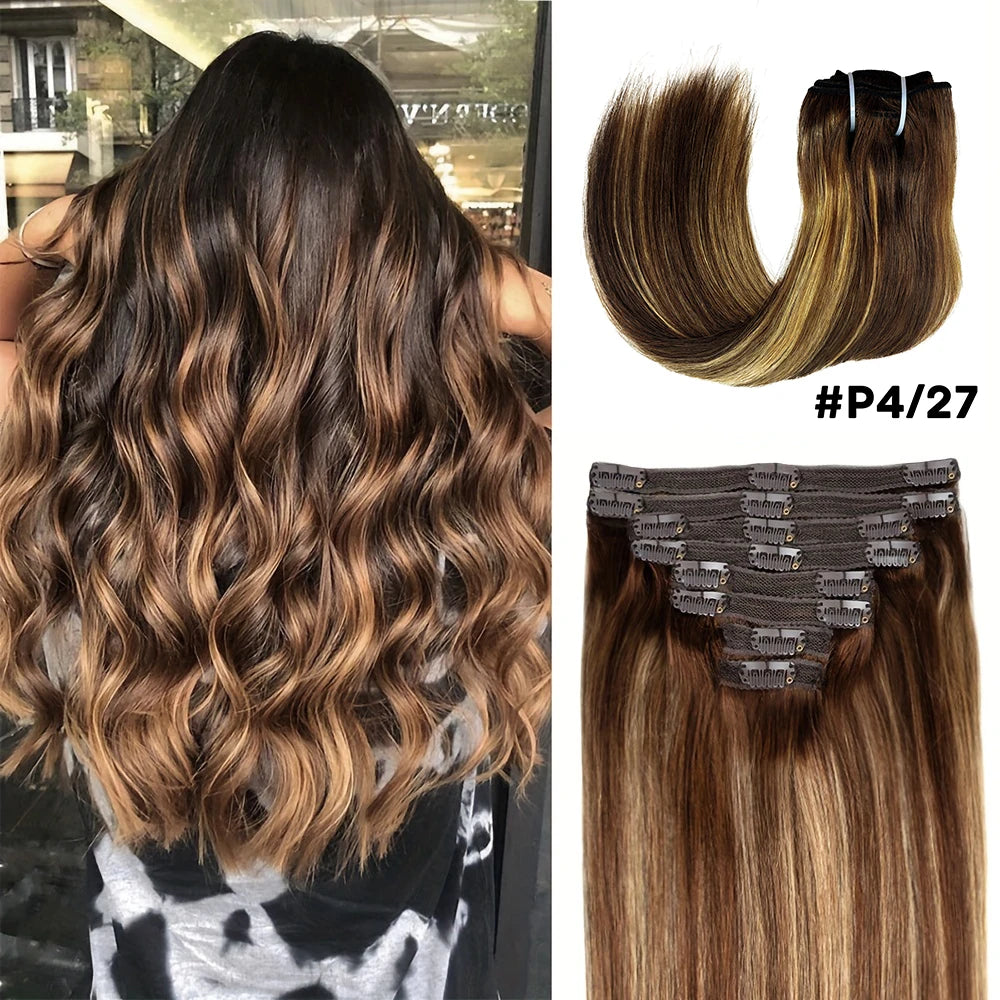 Straight Clip-In Hair Extensions - 100% Real Remy Human Hair, Brown & Blonde Highlights