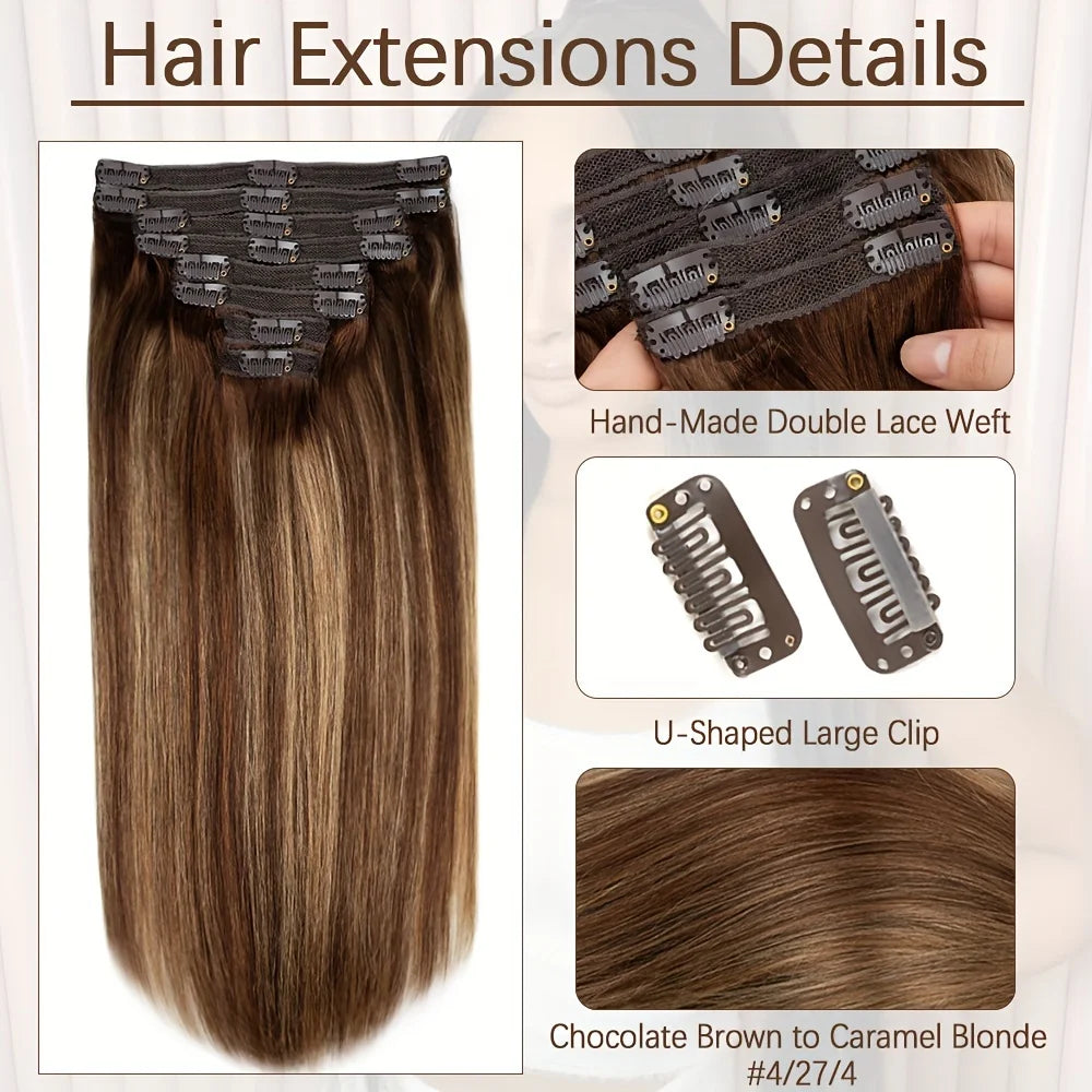 Straight Clip-In Hair Extensions - 100% Real Remy Human Hair, Brown & Blonde Highlights