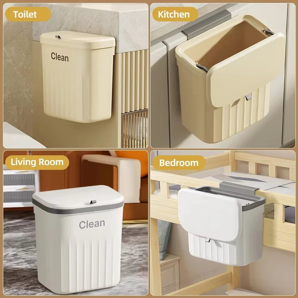 8.5/12L Wall-Mounted Hanging Trash Can with Lid - Kitchen Cabinet Door, Bathroom, and Toilet Wastebasket