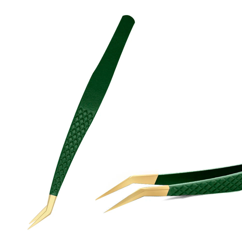 Green Stainless Steel Eyelash Tweezers – Anti-Static, Non-Magnetic Professional Tweezer for 3D Lash Extensions