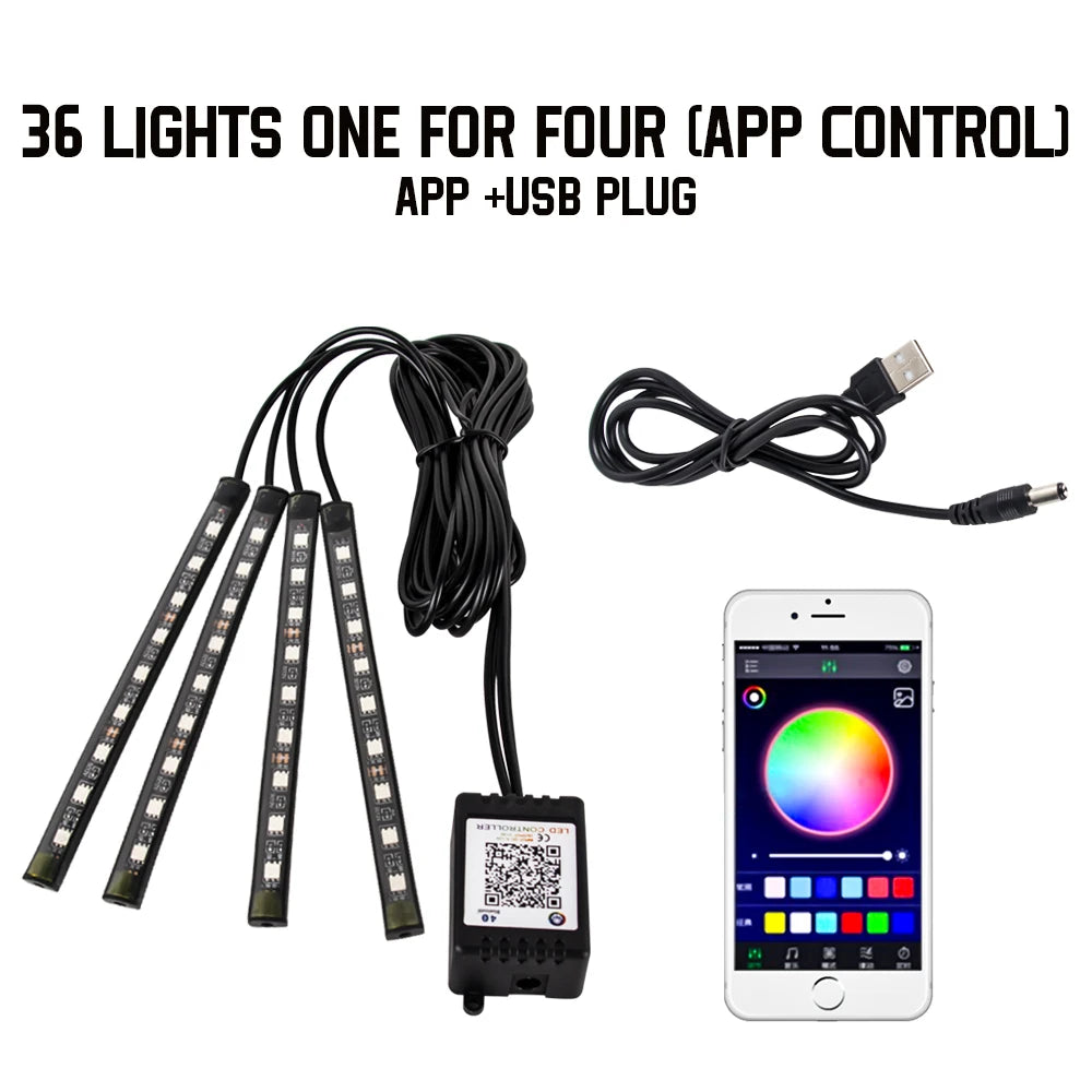 Neon 48/72 LED Car Interior Ambient Foot Light with USB Wireless Remote & Music App Control - Auto RGB Atmosphere Decorative Lamps