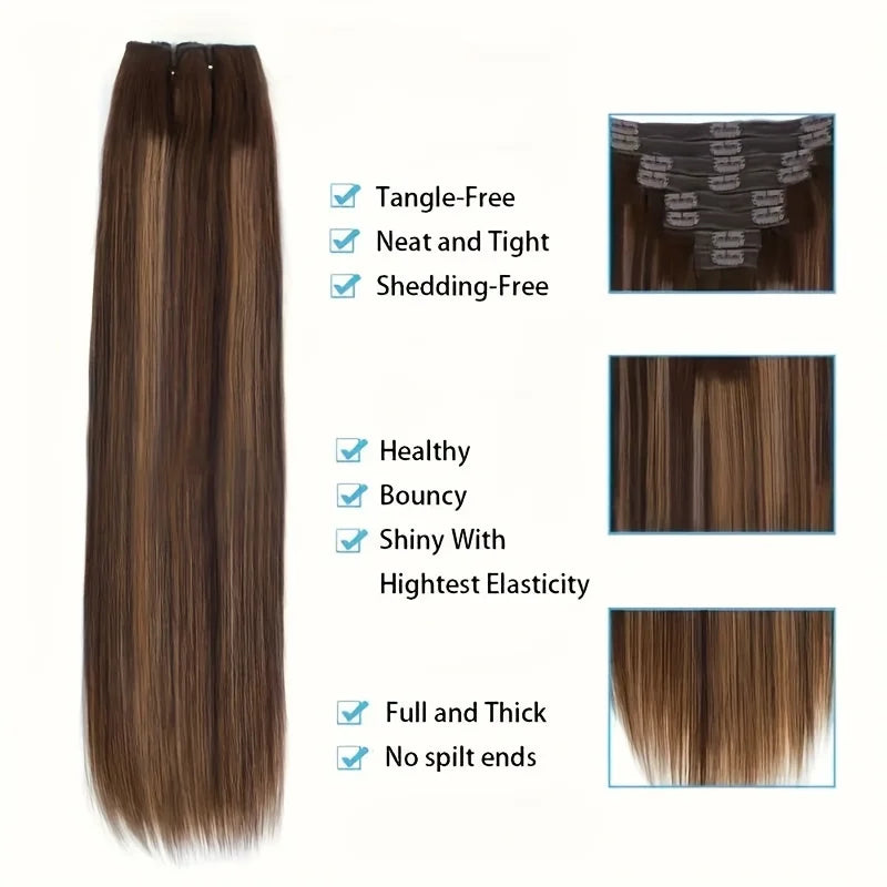 Straight Clip-In Hair Extensions - 100% Real Remy Human Hair, Brown & Blonde Highlights