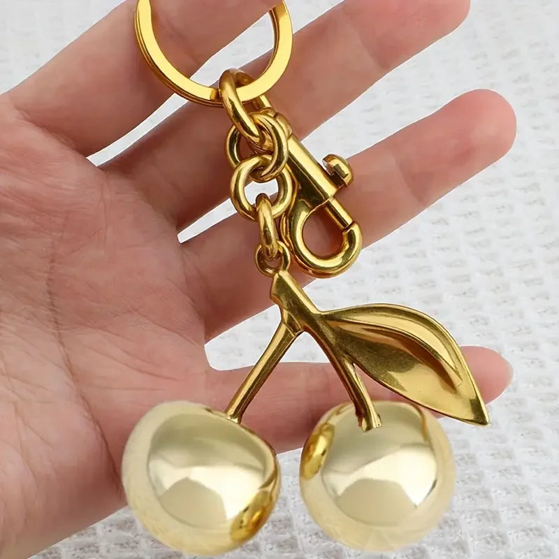 Golden Cherry Keychain Charm – Shiny Resin & Metal Bag Accessory, Elegant Gift for Women, Purse or Handbag Decoration