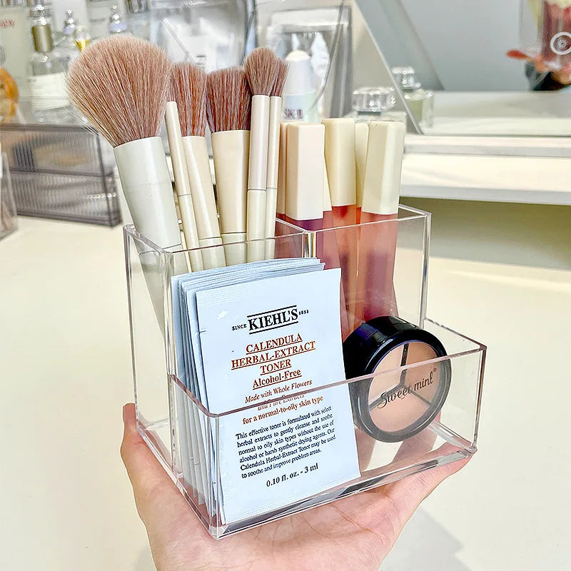 Transparent Acrylic Makeup Organizer Box - 3-5 Grid Brush Holder & Storage for Desk