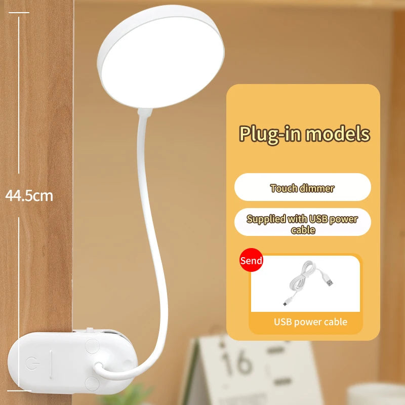 Portable USB Desk Lamp with Clip – Rechargeable LED, 3 Dimming Modes, Touch Control, Eye Protection