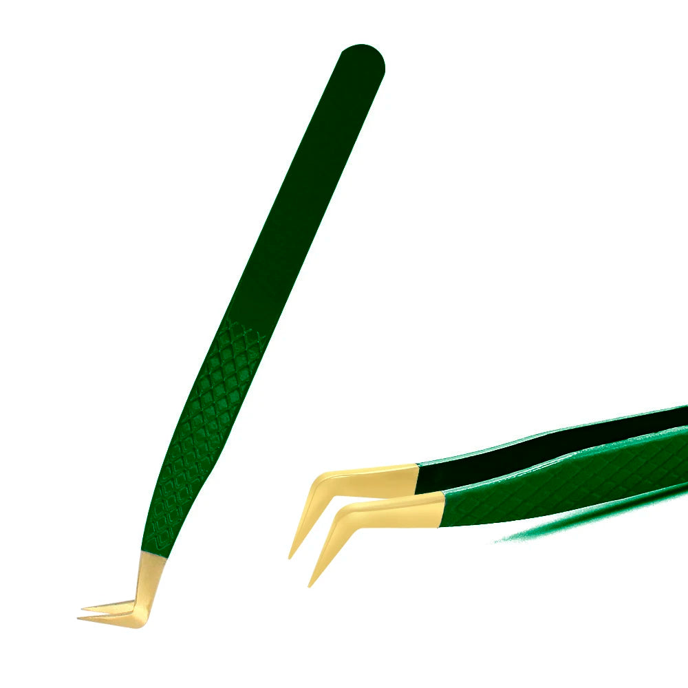Green Stainless Steel Eyelash Tweezers – Anti-Static, Non-Magnetic Professional Tweezer for 3D Lash Extensions