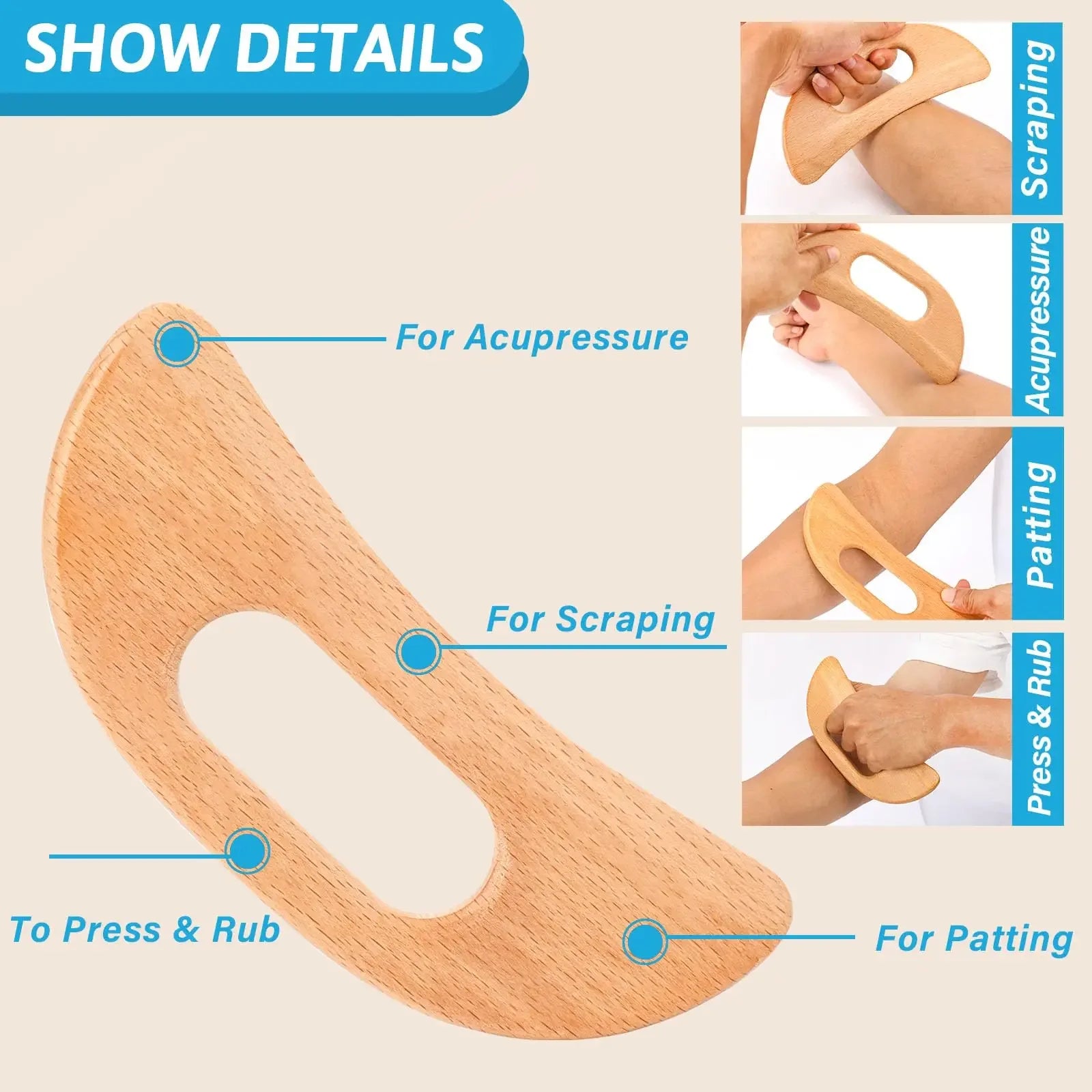 Wooden Gua Sha Tool Manual Massage Scraper for Lymphatic Drainage