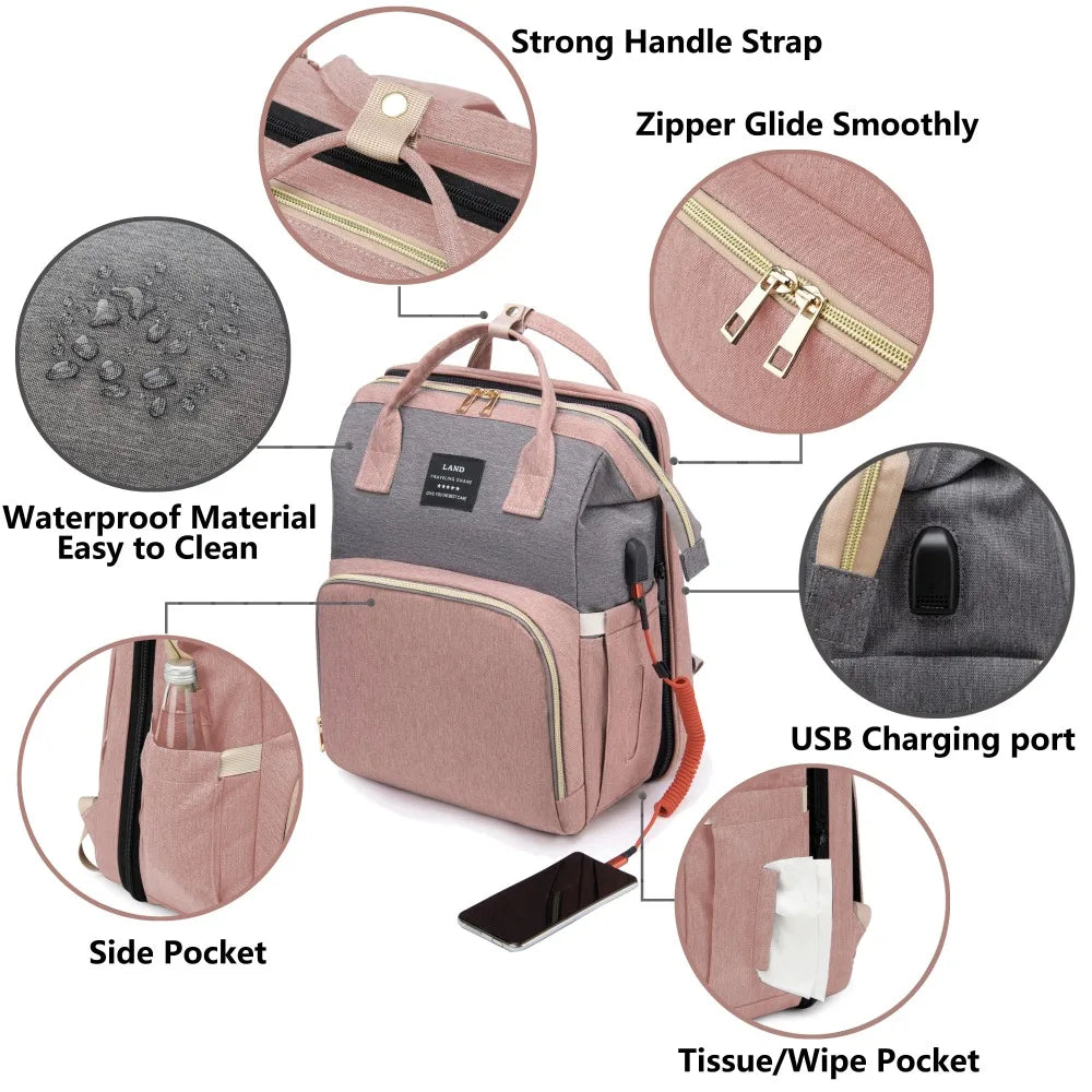 Lightweight Portable Mommy Bag with Folding Crib – Large Capacity Travel Baby Backpack