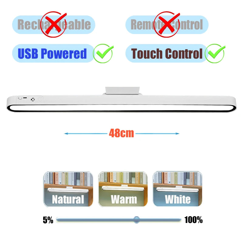 48cm Magnetic Desk Lamp - USB Rechargeable LED Reading Light, Dimmable with Touch & Remote Control, Adjustable Cabinet & Bedside Night Light