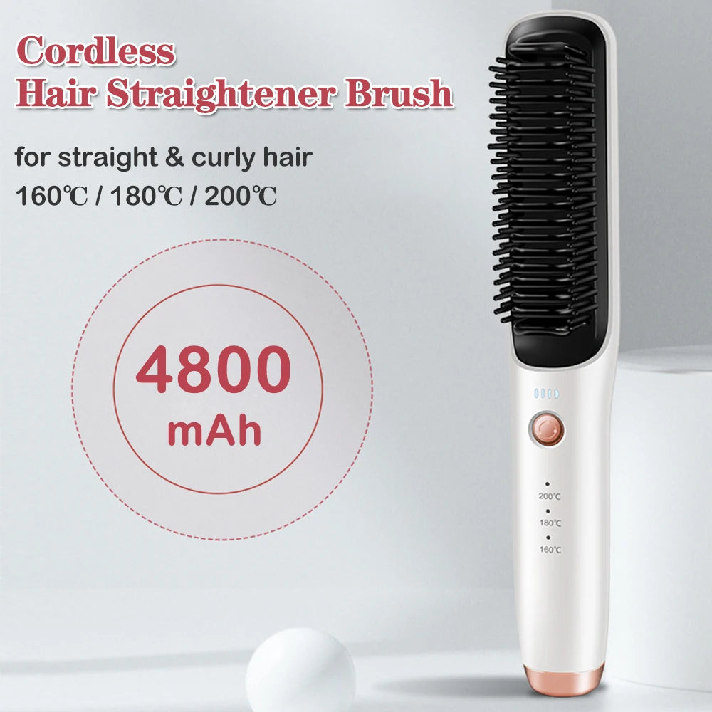 4800mAh Cordless Hair Straightener Brush – Rechargeable Electric Smoothing & Beard Straightening Comb for Men