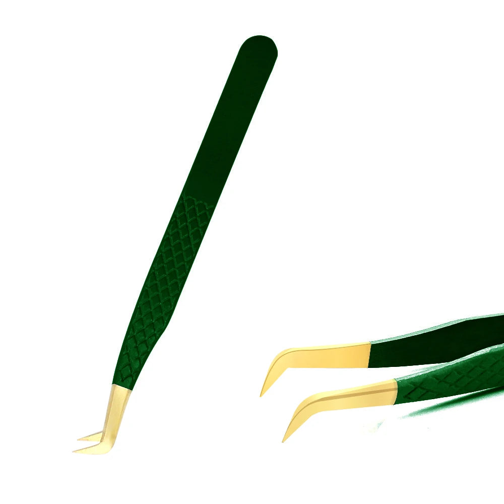 Green Stainless Steel Eyelash Tweezers – Anti-Static, Non-Magnetic Professional Tweezer for 3D Lash Extensions