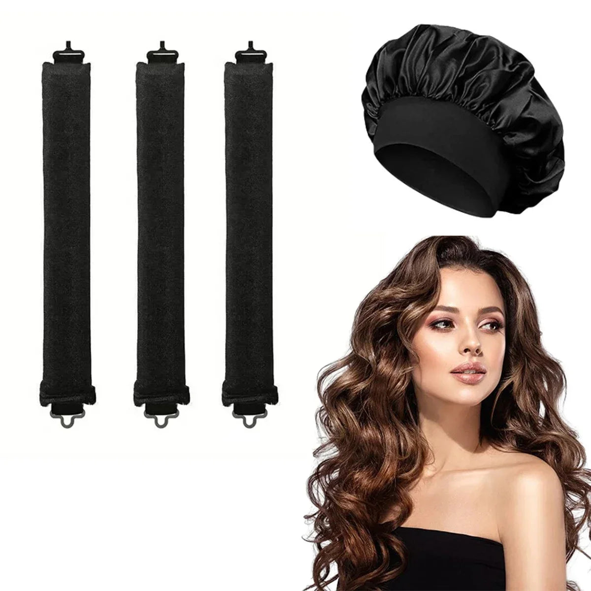 Heatless Hair Curler Set - Satin Sleeping Cap & Curling Rods for No Heat Curls