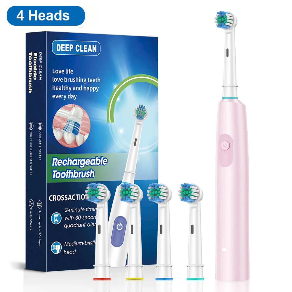 Rotary Electric Toothbrush with 8 Soft Brush Heads, Rechargeable, 5 Modes, Smart Timer for Adults