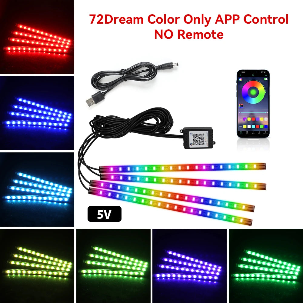 Neon 48/72 LED Car Interior Ambient Foot Light with USB Wireless Remote & Music App Control - Auto RGB Atmosphere Decorative Lamps