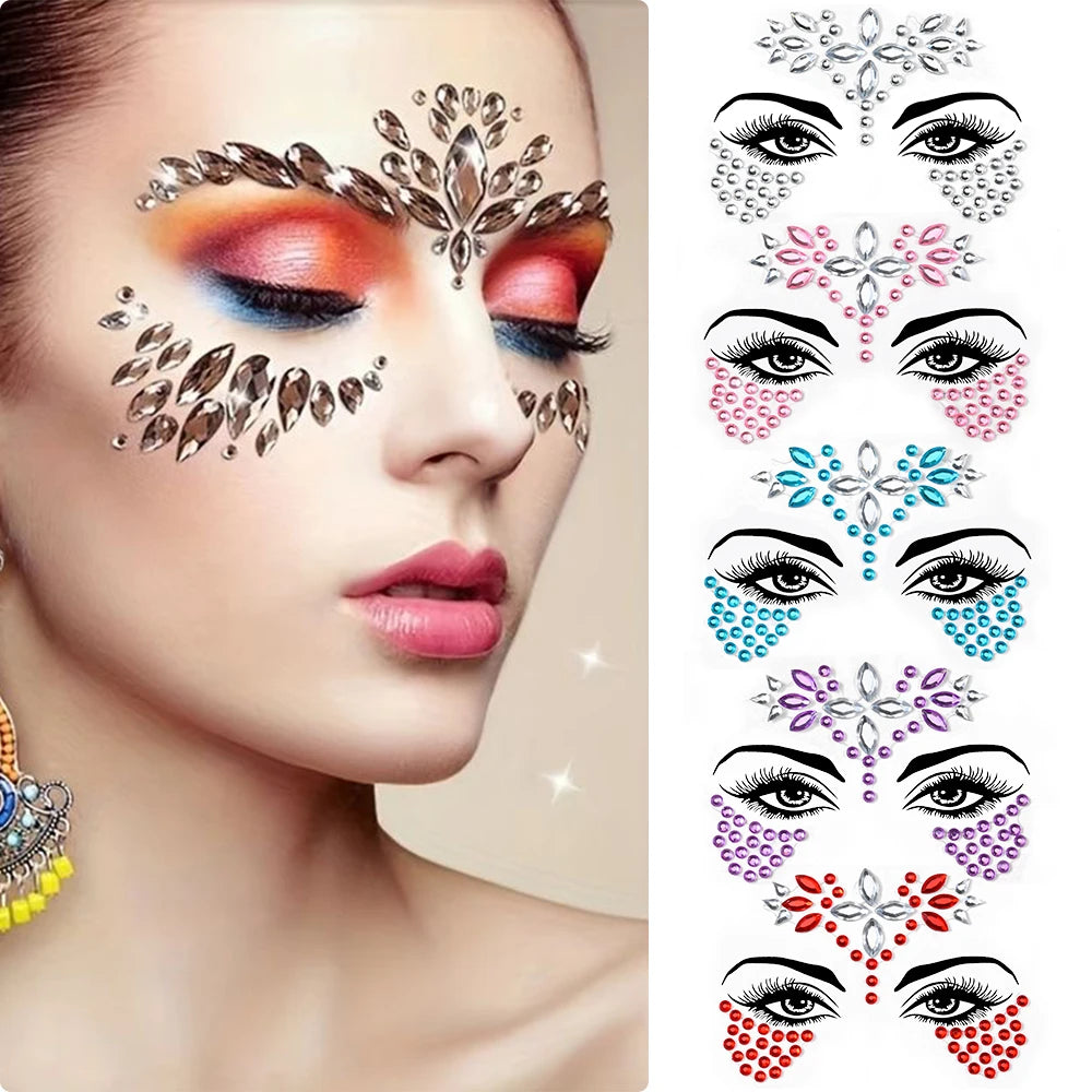 3D Rhinestone Face Tattoo Stickers Colored Glitter Crystal/1Pcs